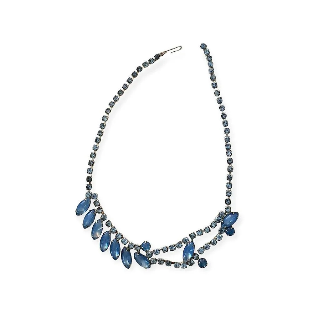 1950s Vintage Blue Moonglow Glass & Rhinestone Necklace